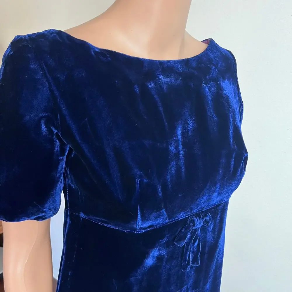 Vintage‎ 60s Blue Velvet Empire Waist Maxi Dress // Size XS - Picture 2 of 8